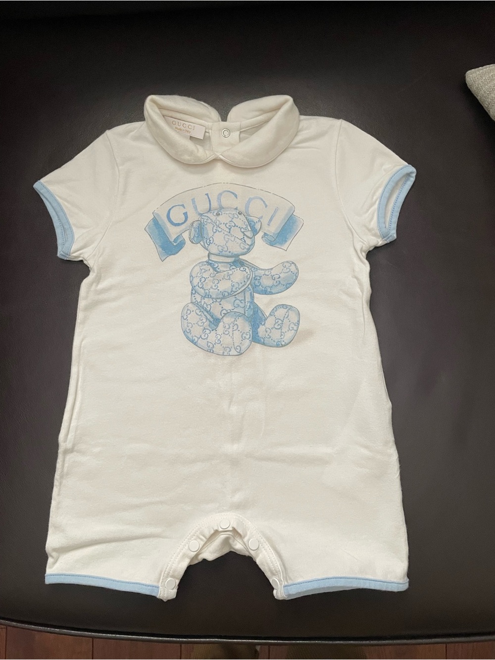Gucci White & Light Blue Teddy Logo Baby One-Piece Romper